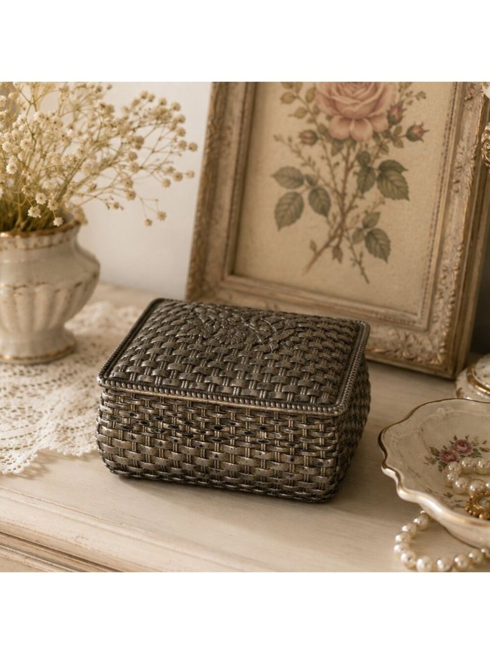 Vintage Silver Plated Jewelry Box Made in Japan Basket Weave Floral Trinket Cask